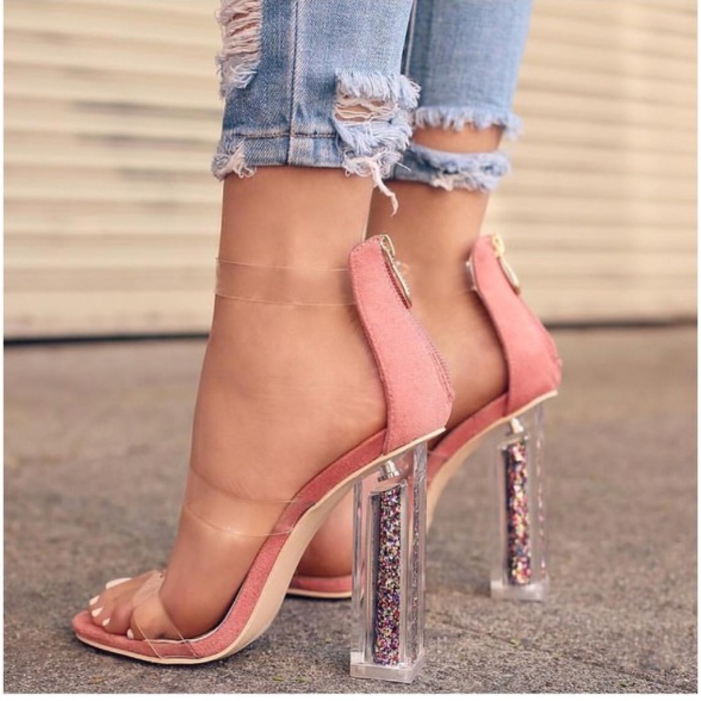 Cape Robbin | Maria-7 Lucite Clear Perspex Glitter Peep Toe Block Heel Pink  7.5